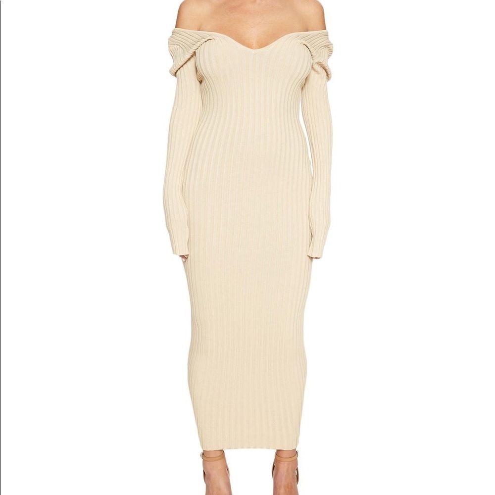 Beige long sleeve ribbed dress